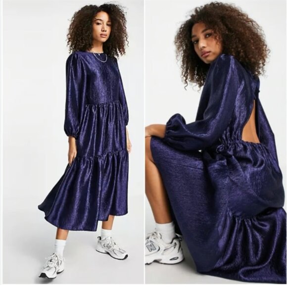 Topshop Dresses & Skirts - Topshop Premium Textured Jacquard Midi Dress Navy Blue Tiered Size 4